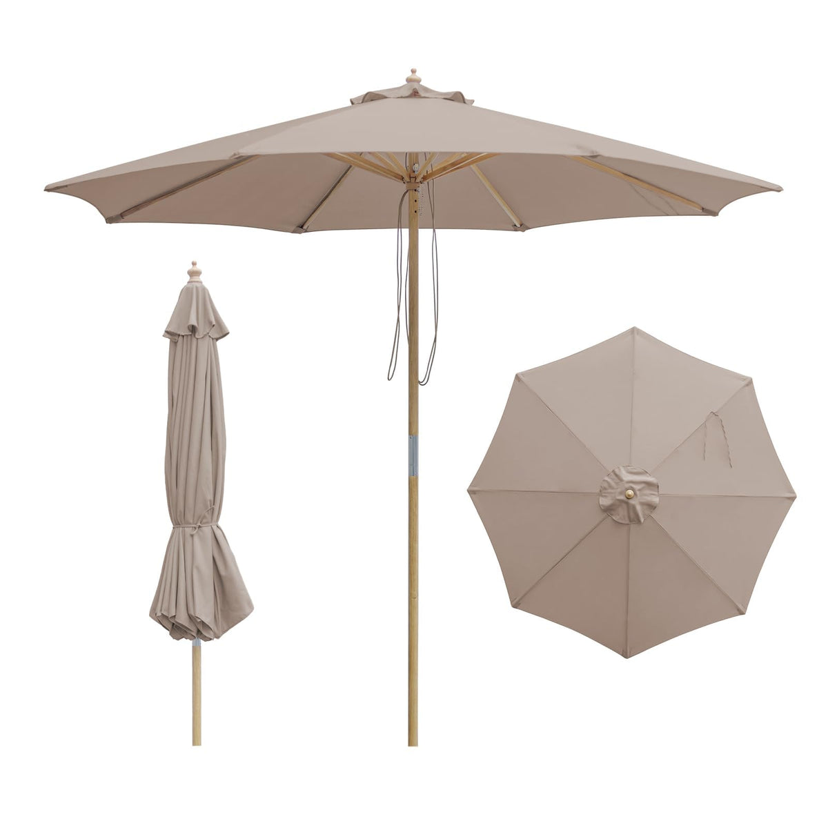 SUNNYARD front view of 9ft wood patio umbrella showing shaded area and style