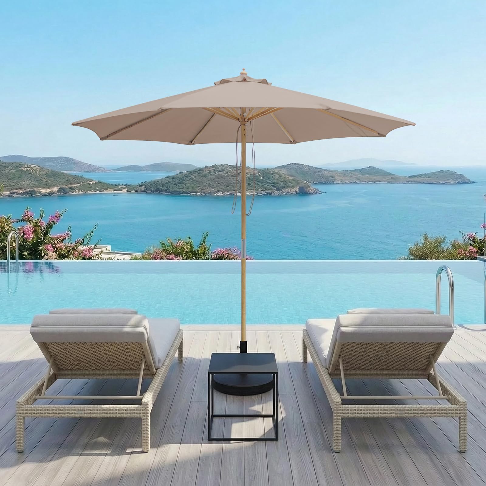 SUNNYARD umbrella beside standard patio table illustrating 9ft scale