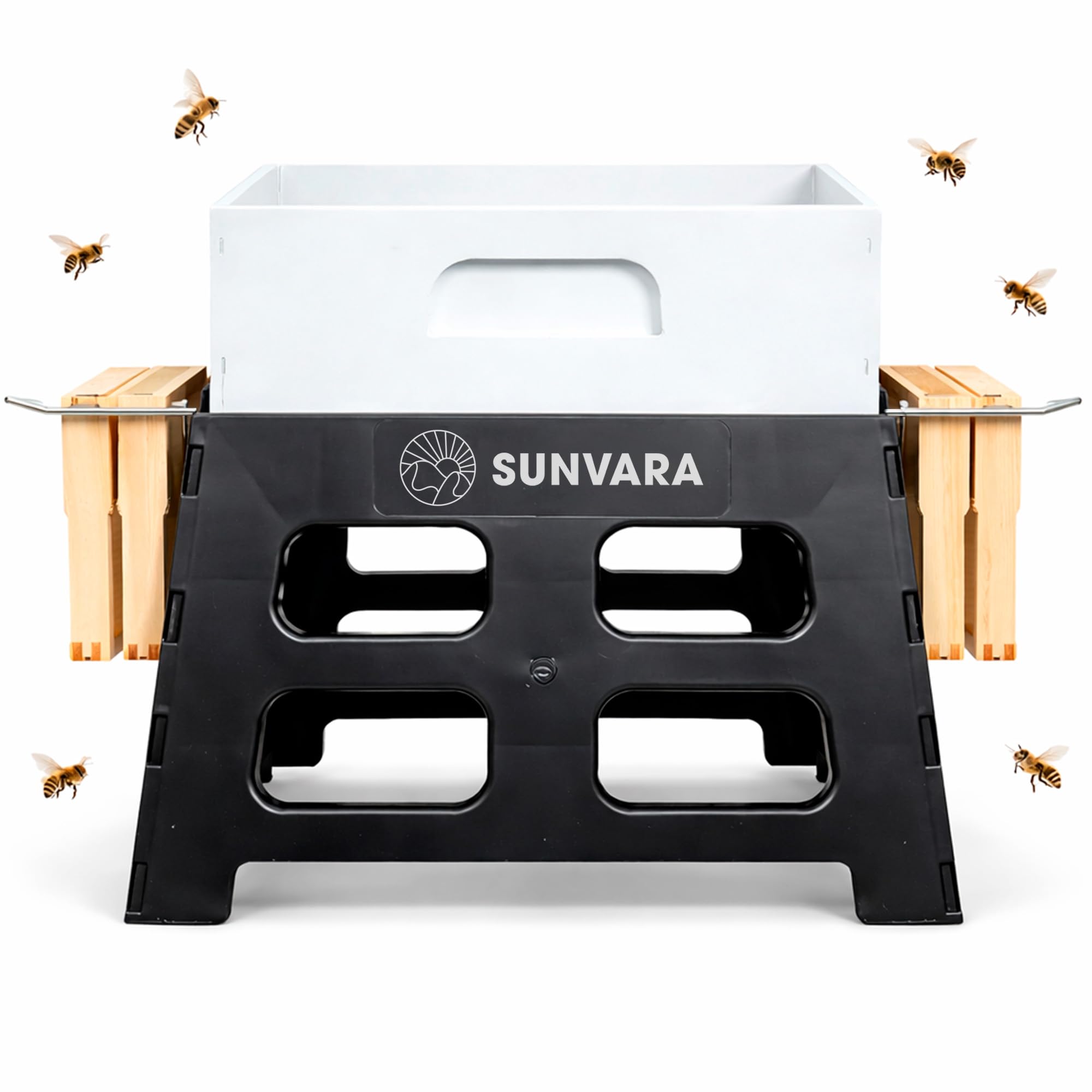 SunVara front view of 10-frame hive stand showing stable base and placement benefit