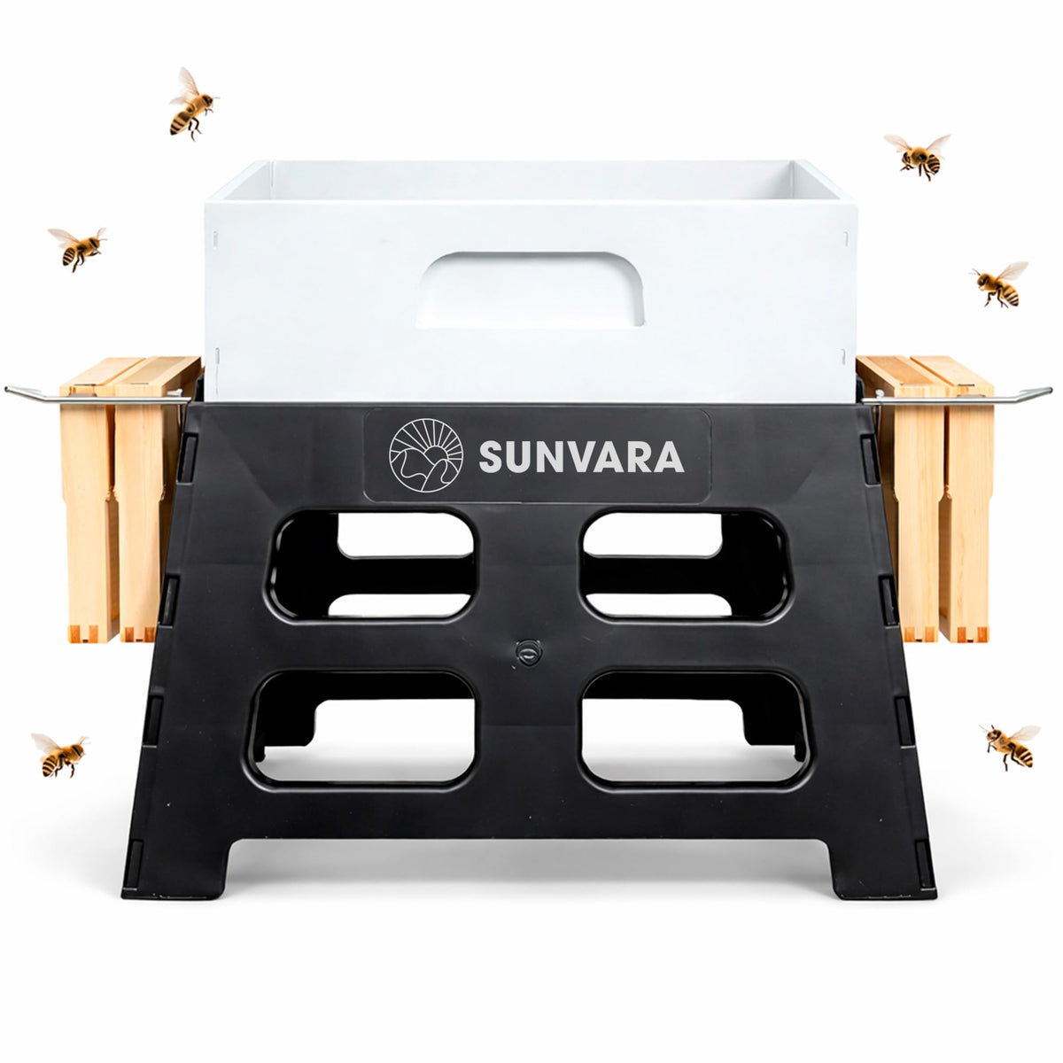 SunVara front view of 10-frame hive stand showing stable base and placement benefit