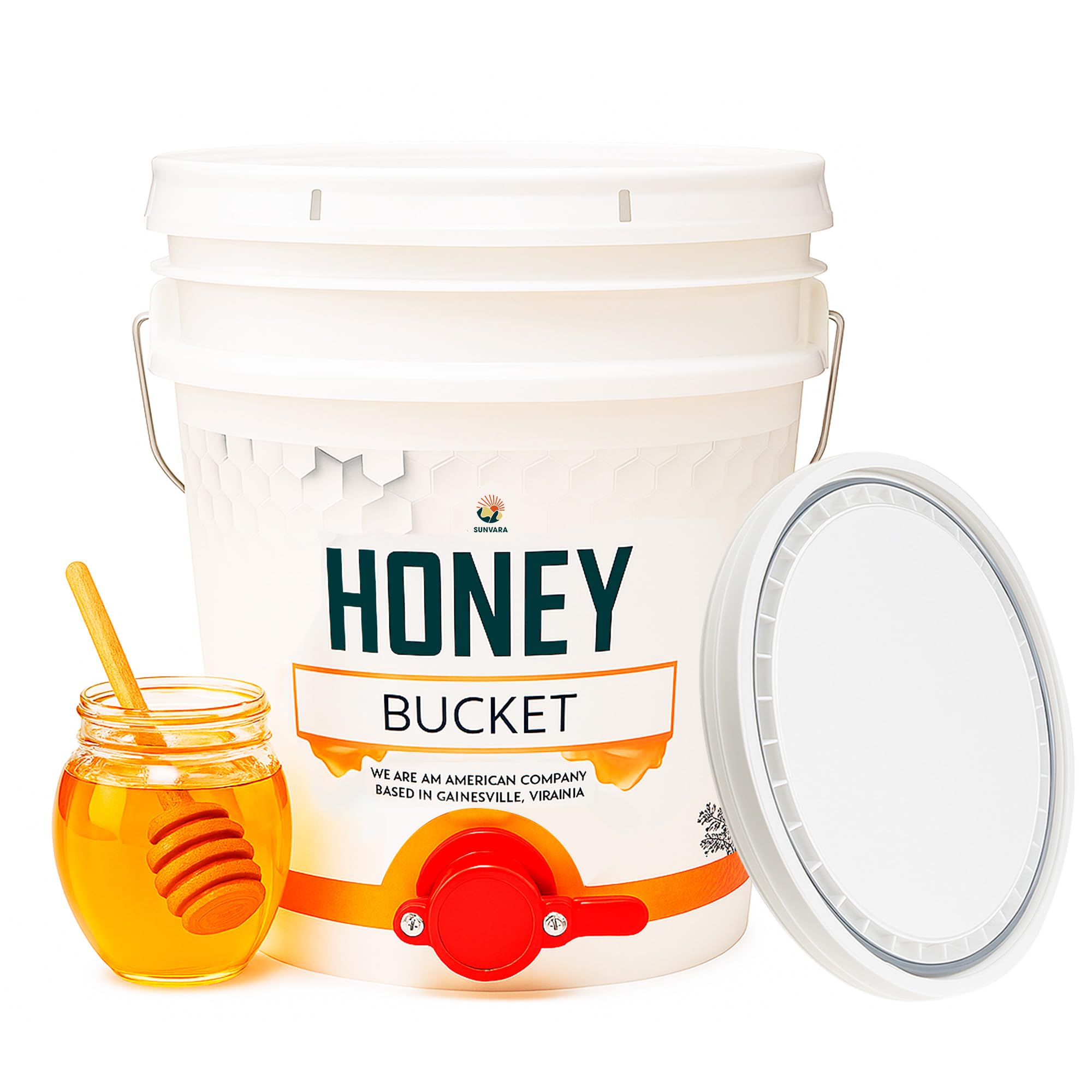 SunVara bucket front view showing capacity and label, ensures clean harvests