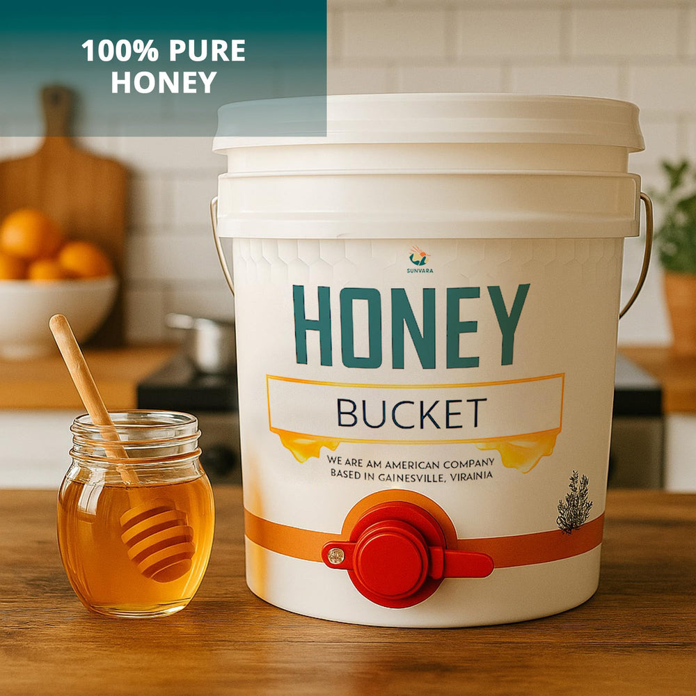 SunVara bucket in use with beekeeper pouring honey, reduces mess