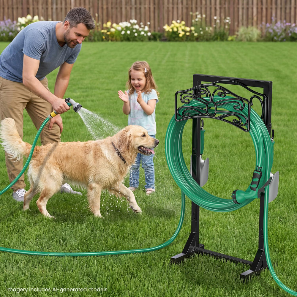 Sunvigor close-up of curved frame demonstrating gentle hose support and kink reduction