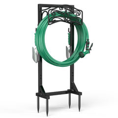 Sunvigor front view of assembled freestanding hose holder showing tidy storage benefit