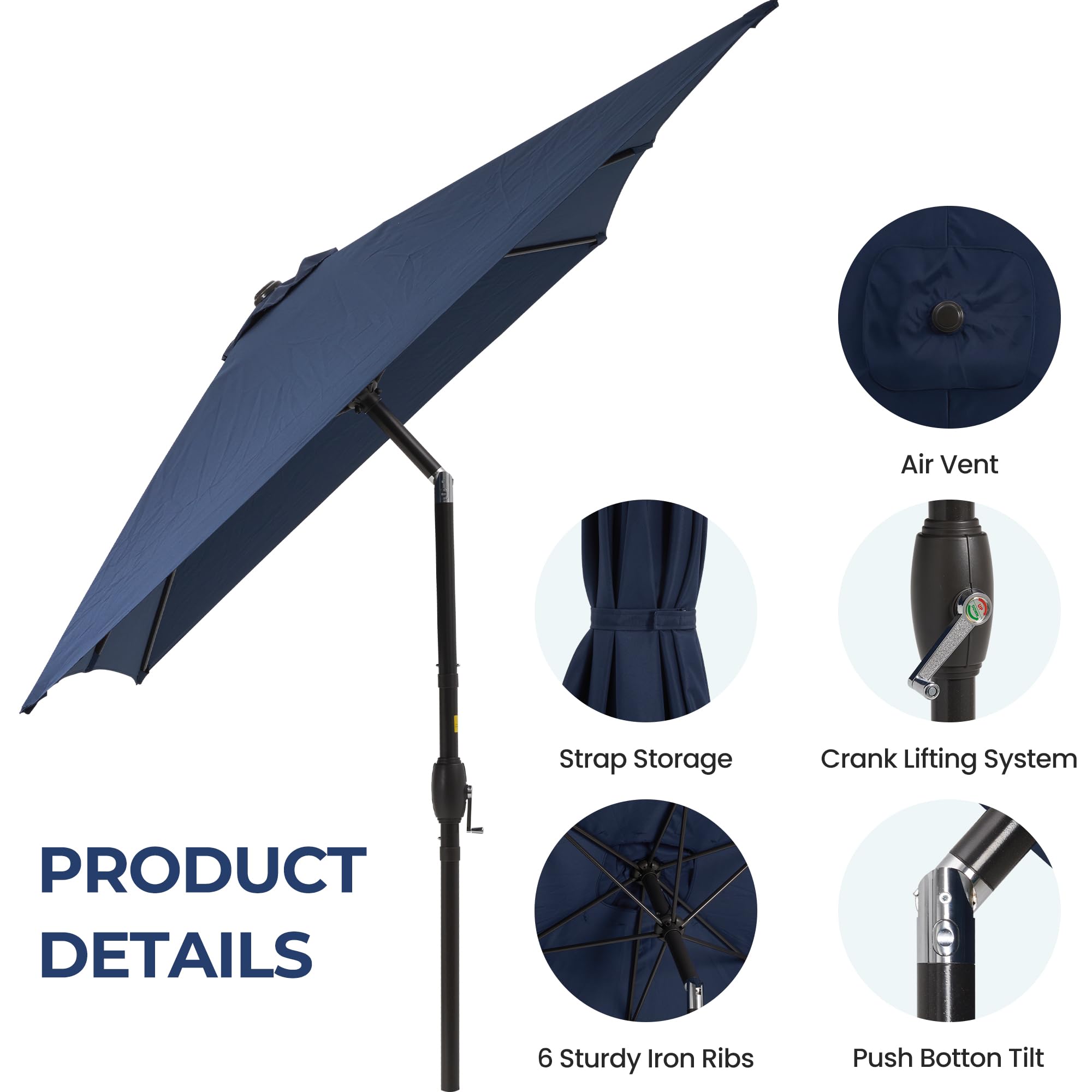 SUNVIVI OUTDOOR crank and push-button tilt detail for easy one-person operation