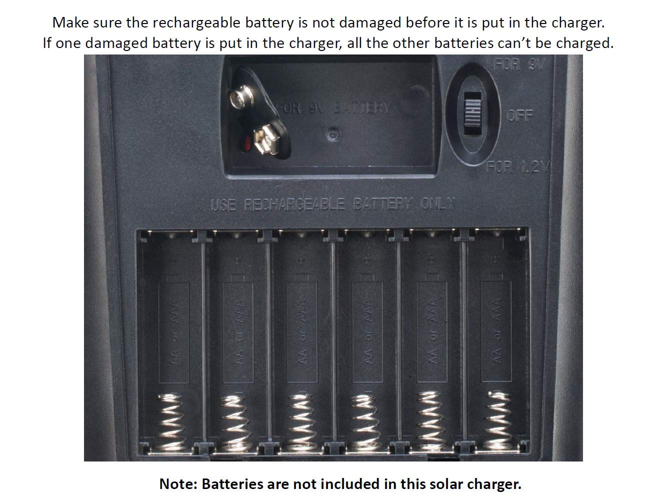 Sunway Solar charging AA and 9V batteries together demonstrating versatile use