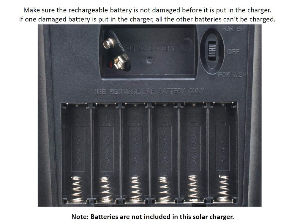Sunway Solar charging AA and 9V batteries together demonstrating versatile use