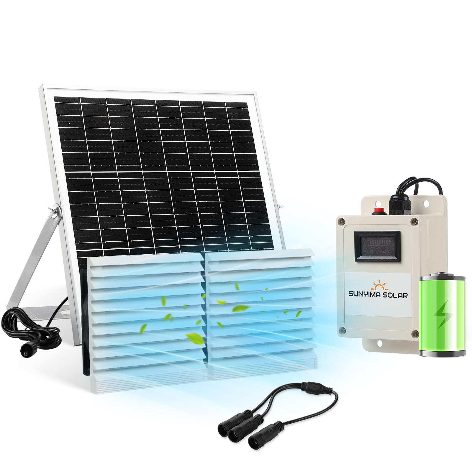 SUNYIMA front view showing solar panel and dual exhaust fans for reliable ventilation