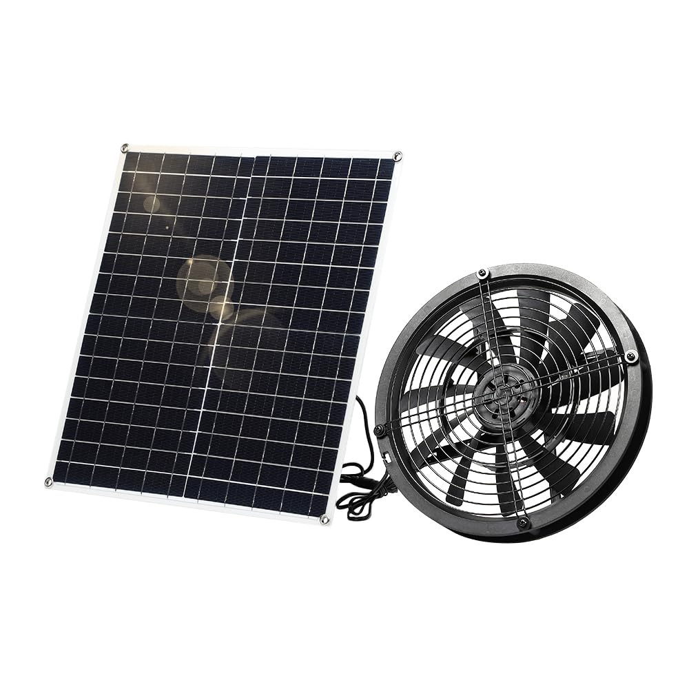 SUNYIMA solar fan front view showing grille and mounting, improves coop ventilation