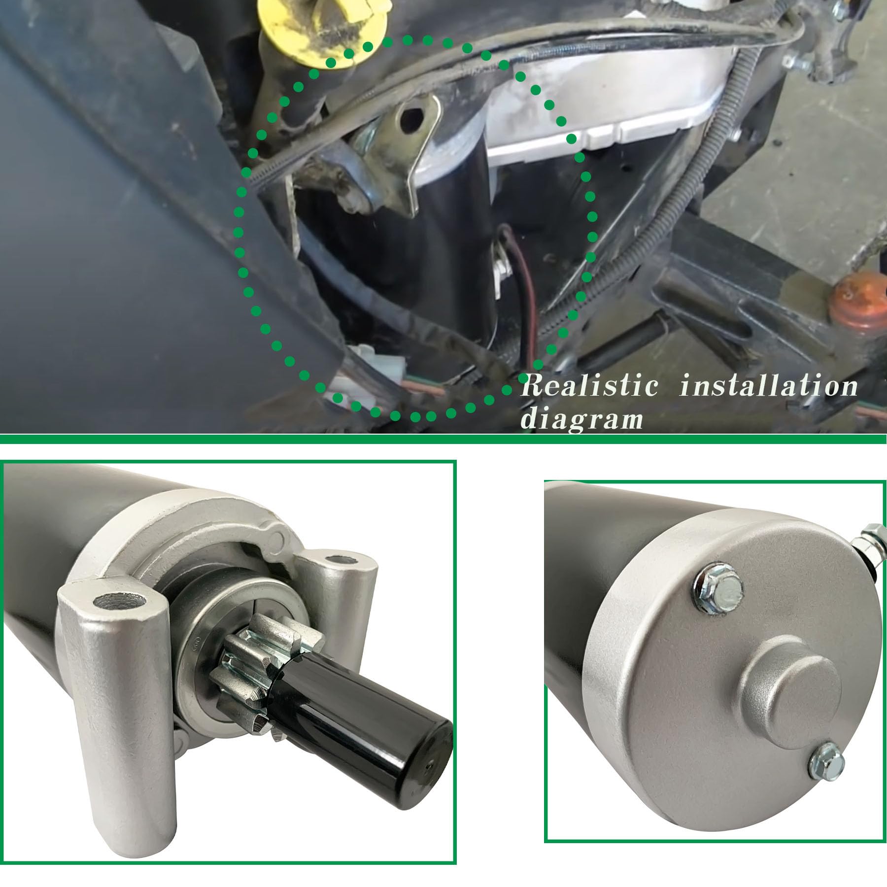 SUONE starter installed in a riding mower demonstrating direct replacement fit