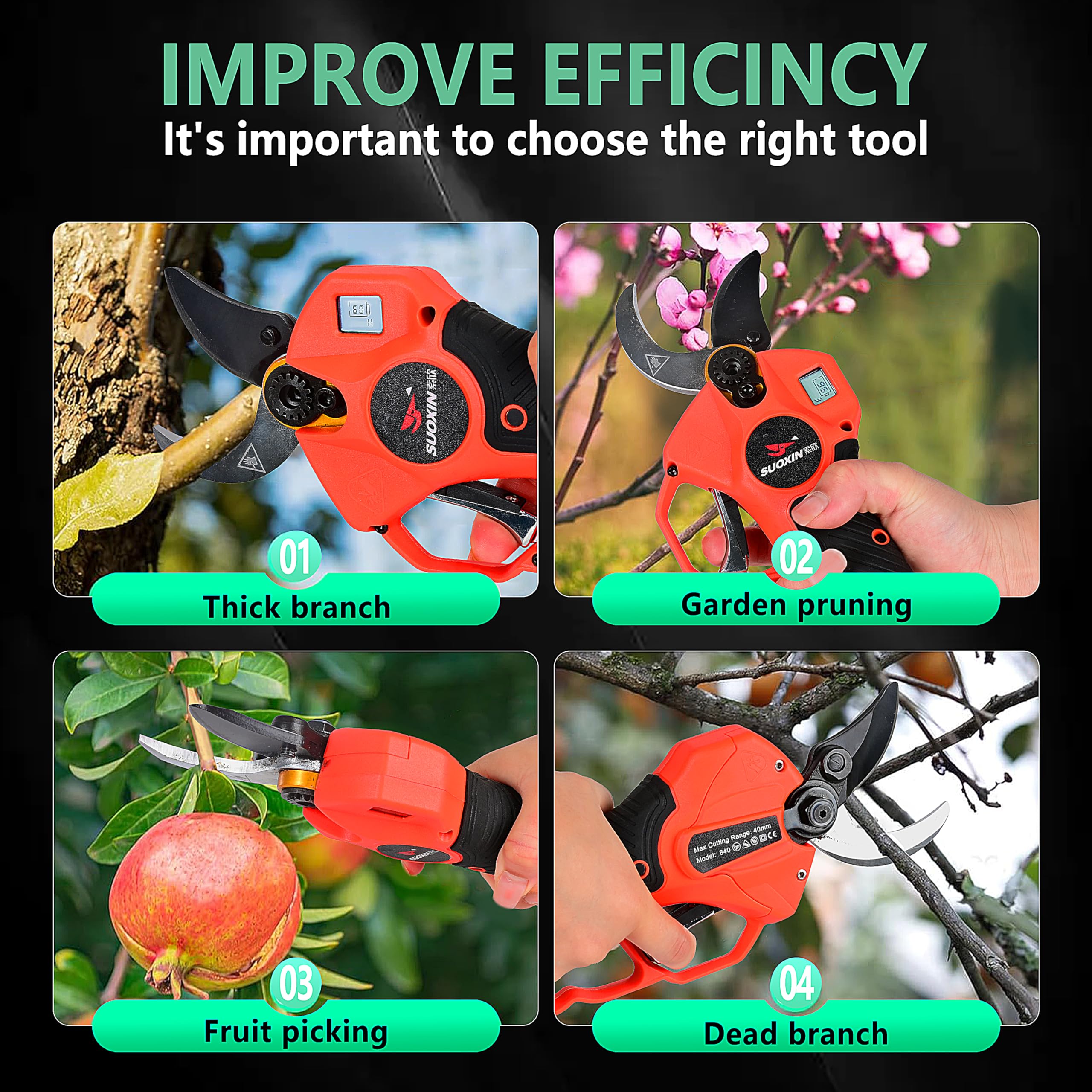 suoxin pruner beside batteries showing scale and easy battery swap benefit