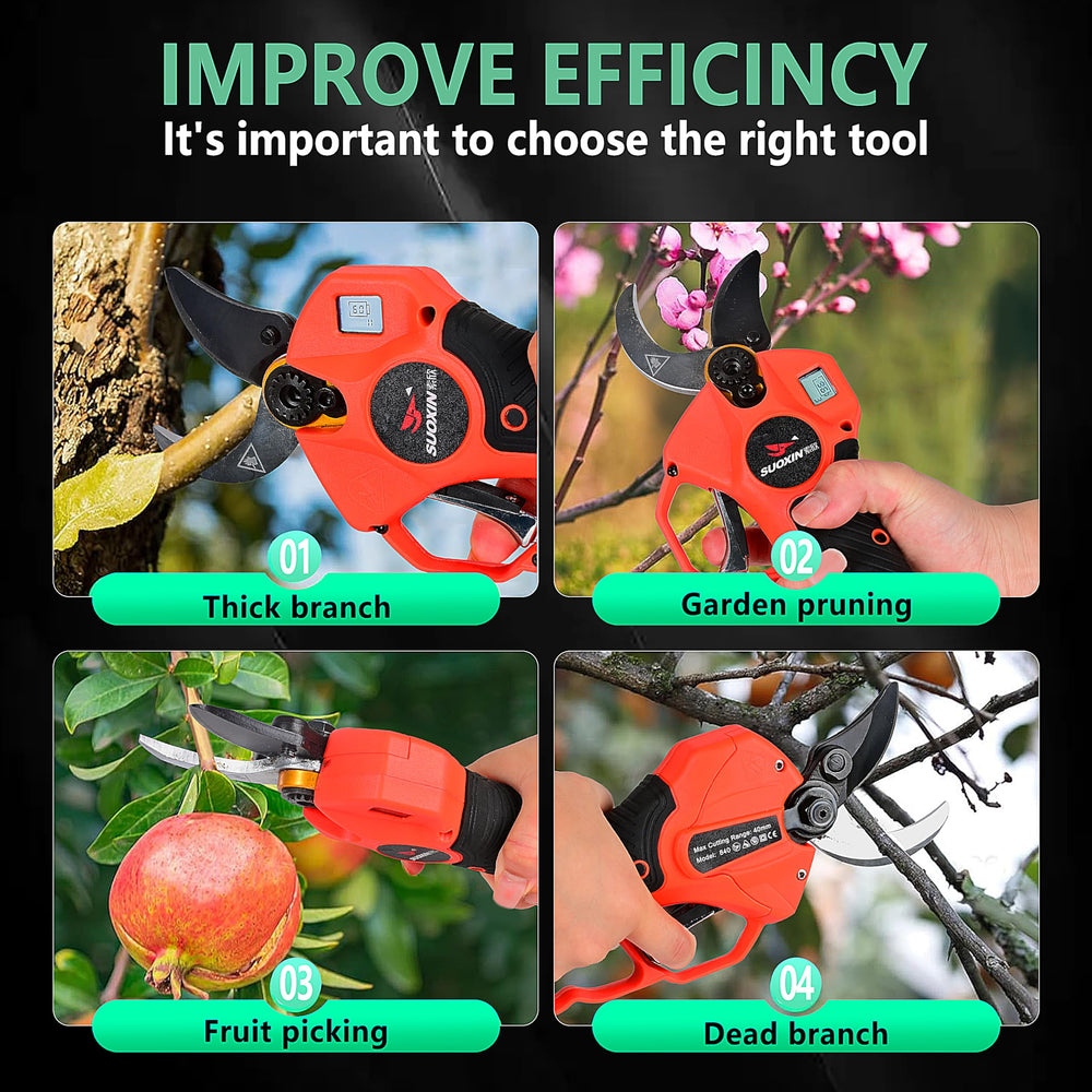 suoxin pruner beside batteries showing scale and easy battery swap benefit