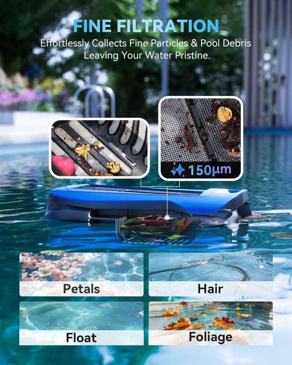 supclean skimmer in use in a backyard pool removing leaves from the water surface