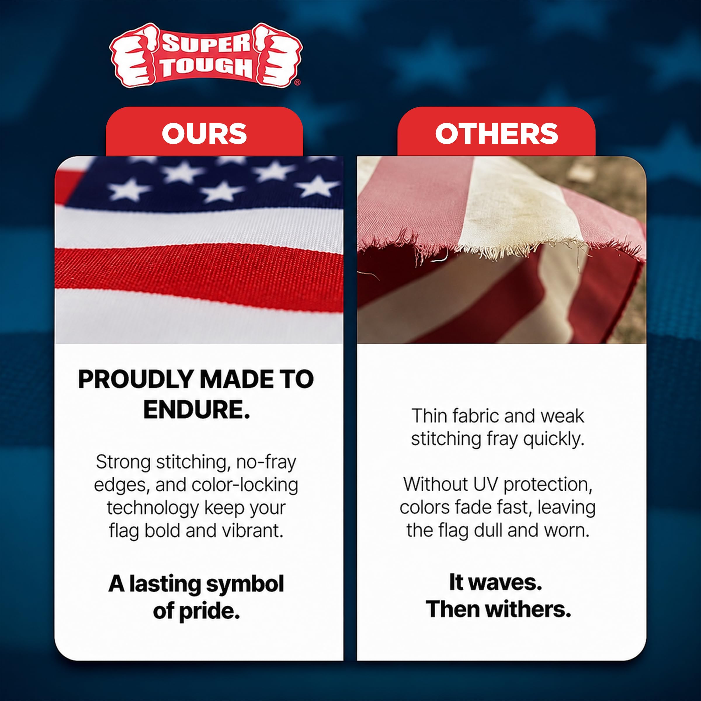 Super Tough flag on wooden stick ready to wave, easy handheld use