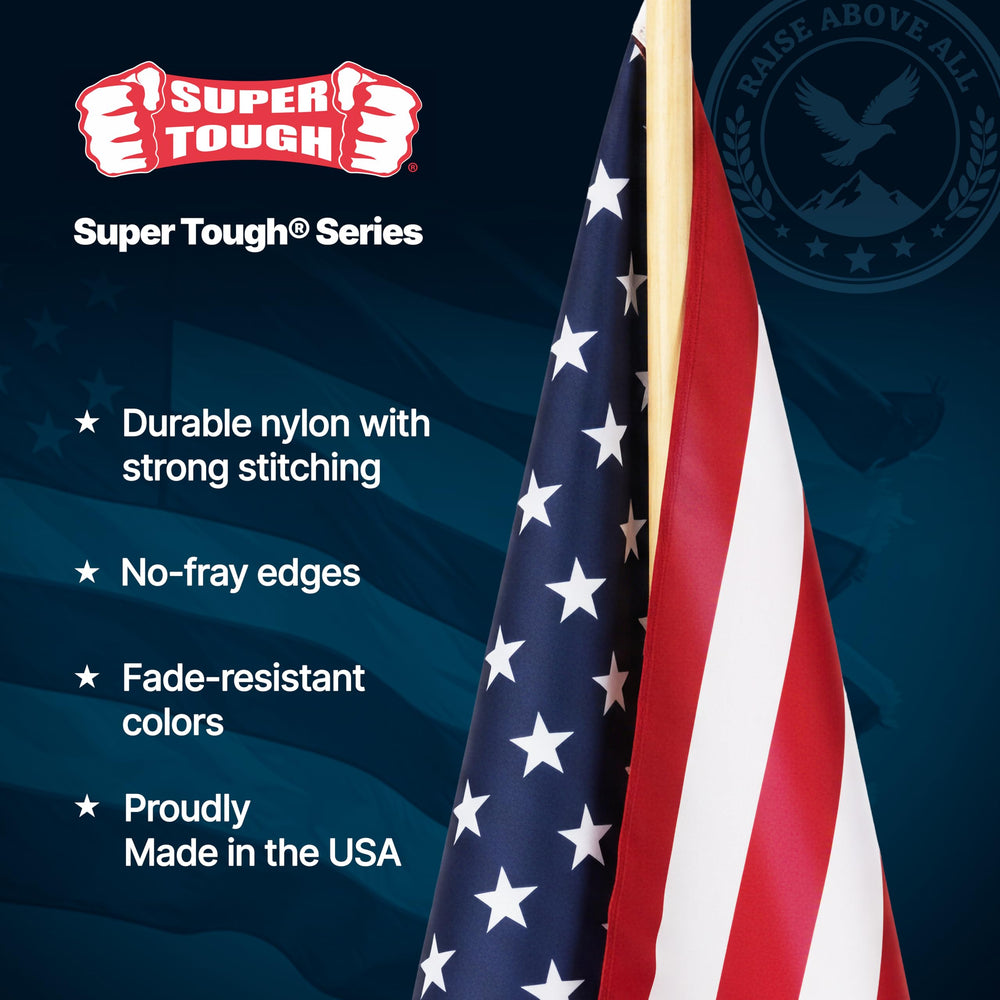 Super Tough flag held in hand showing 12x18 in scale and easy carrying