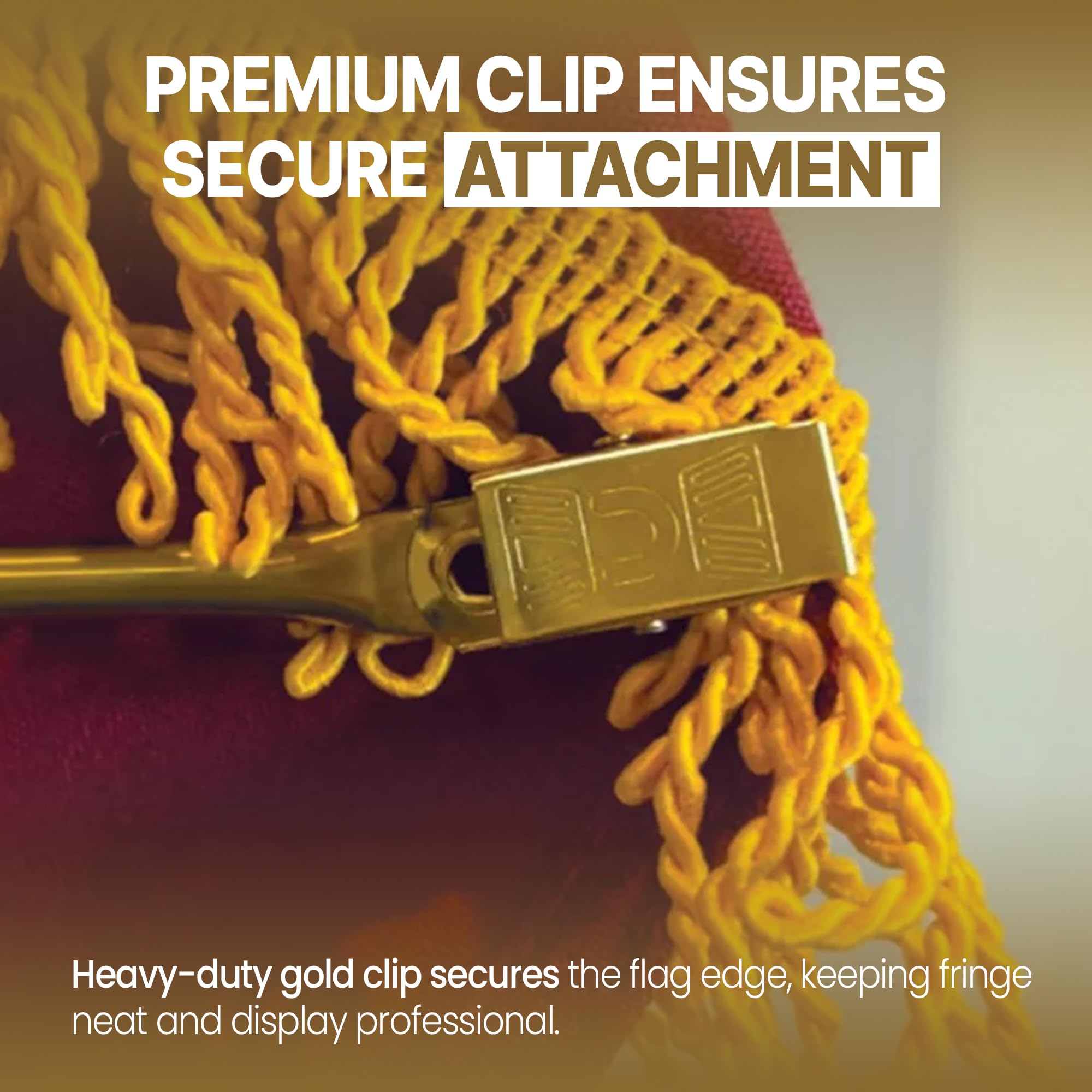 Super Tough clamp gripping flag edge for steady tension and even display
