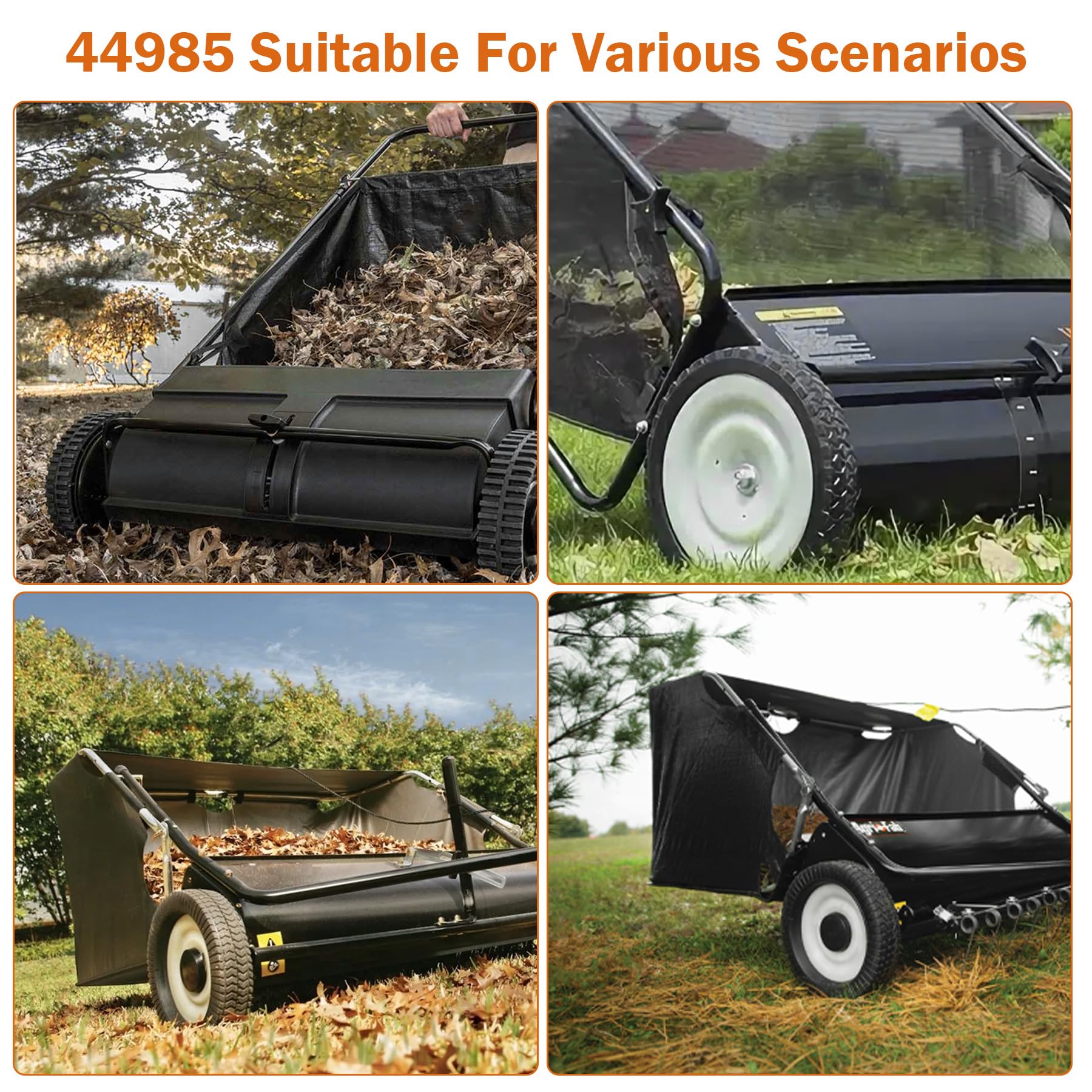 SuperDi wheel on tow-behind sweeper in yard improving pickup on grass