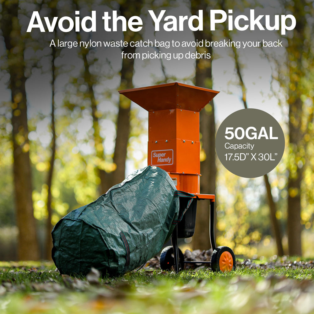 SuperHandy feeding hopper with leaves entering, demonstrating efficient mulching