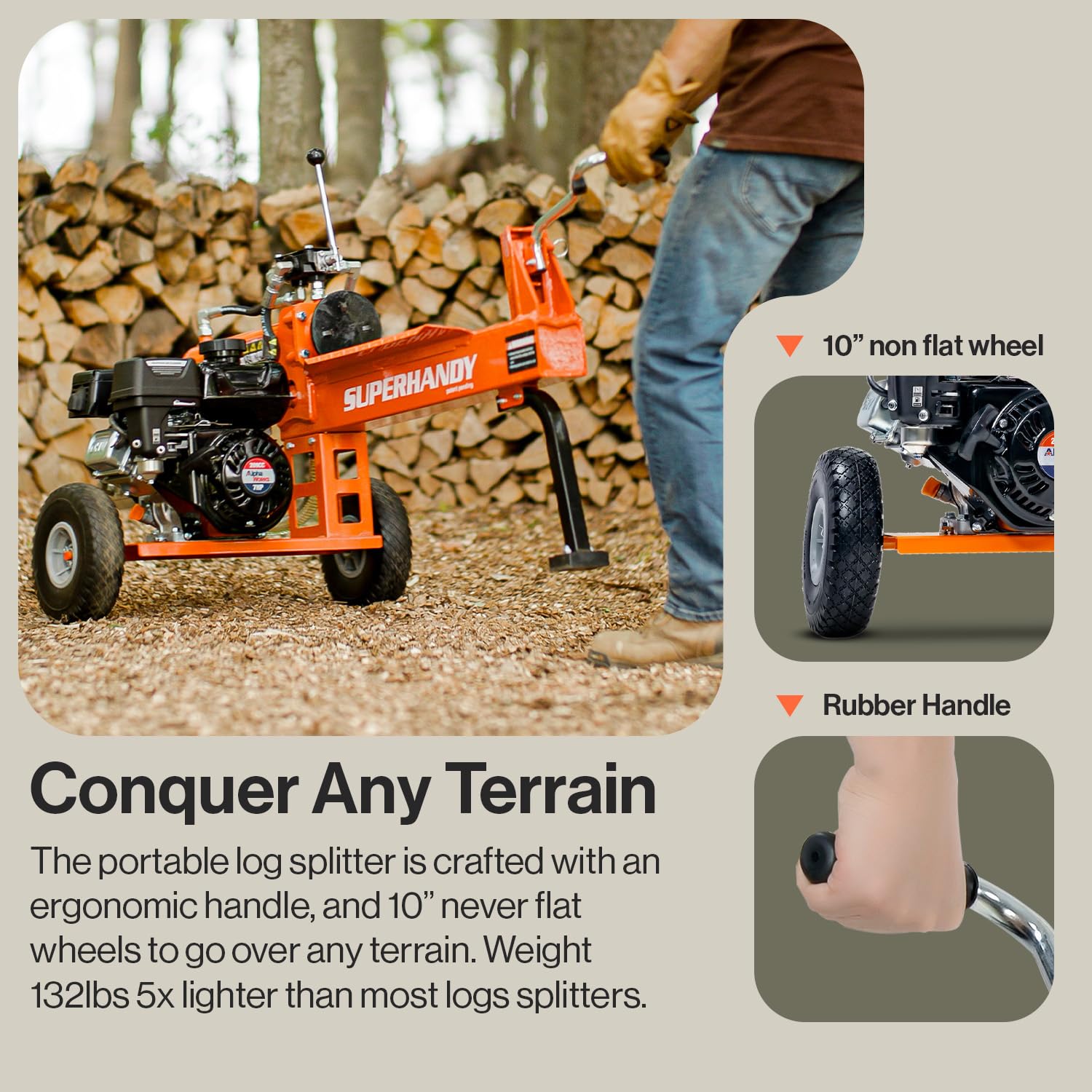 SuperHandy size comparison next to a person showing manageable 130 lb weight for portability