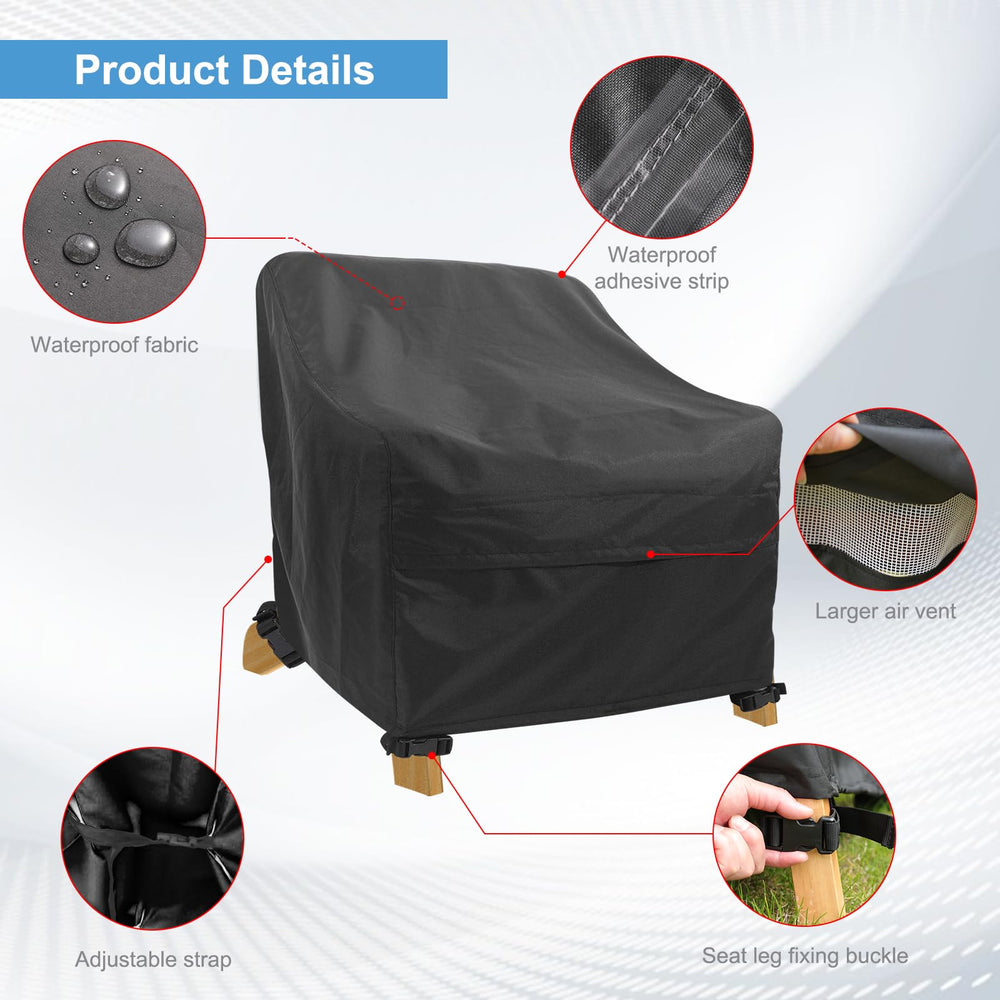SUPERHOLD covers on patio Adirondack chairs showing weatherproof outdoor protection