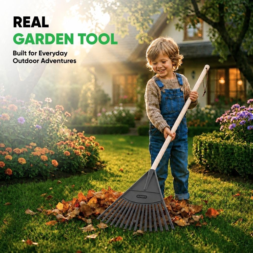 Superio rake beside ruler showing 34 inch overall size for kids
