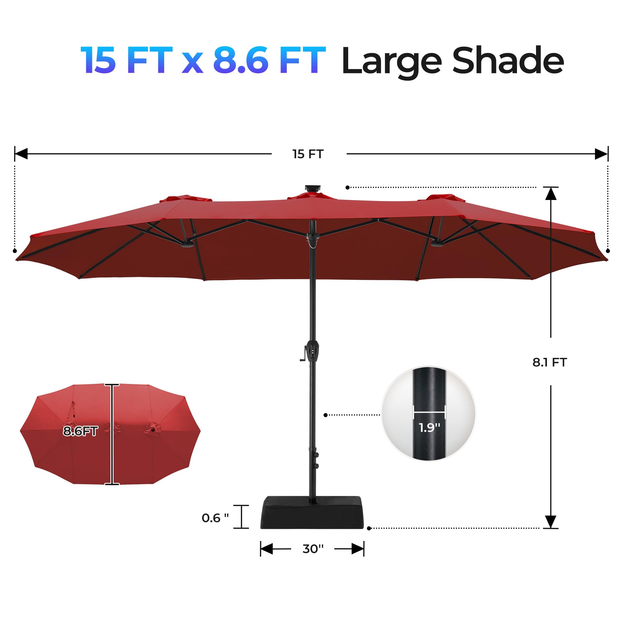 SUPERJARE 15ft umbrella next to table illustrating scale and seating coverage