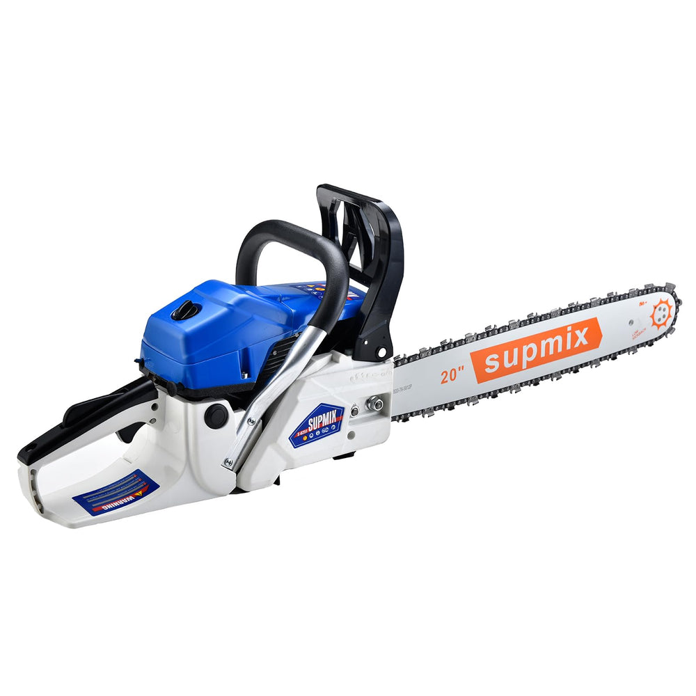 SUPMIXTOOLS front view of 20-inch chainsaw showing ergonomic grip and balance benefit