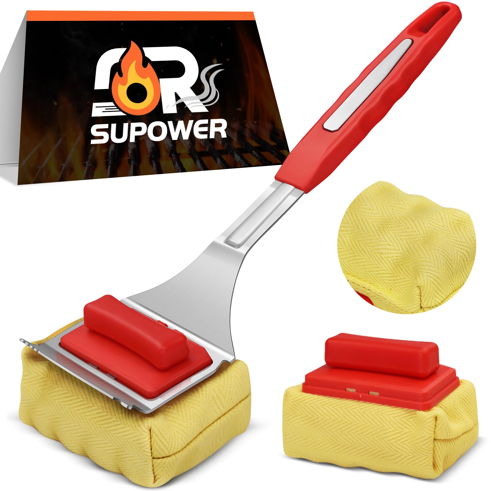 SUPOWER front view of bristle-free grill brush showing complete kit and benefits