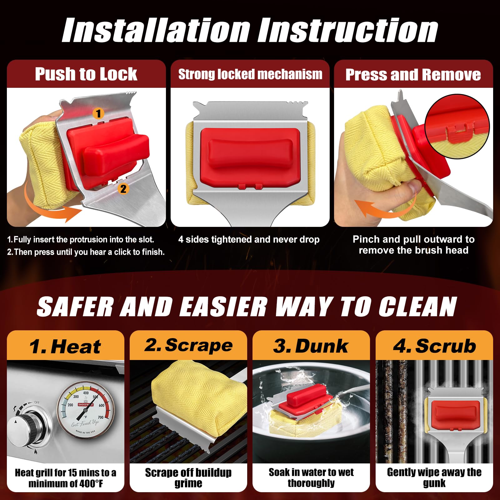 SUPOWER stainless-steel scraper detail for removing stubborn grill buildup