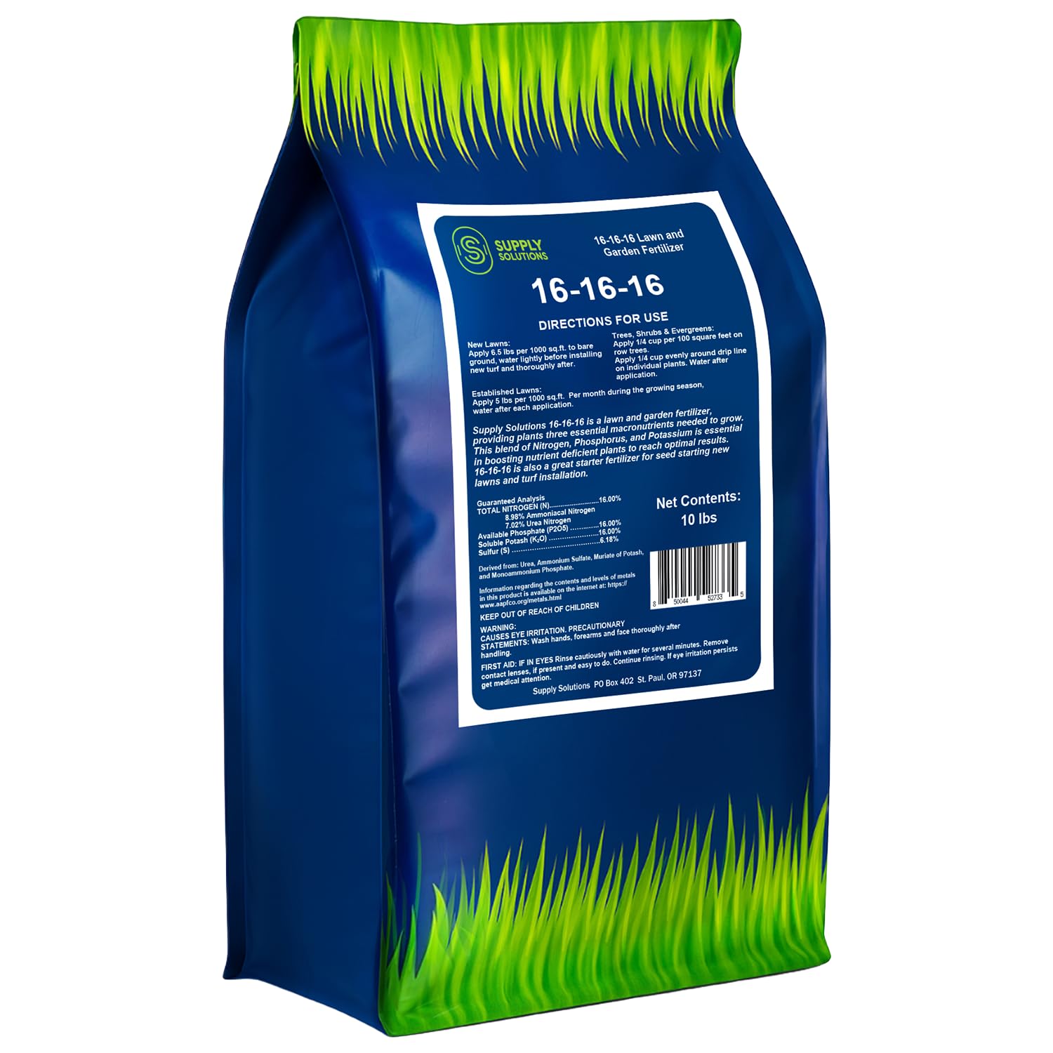 Supply Solutions front packaging showing 10 lb bag and blue grass design, clear product ID