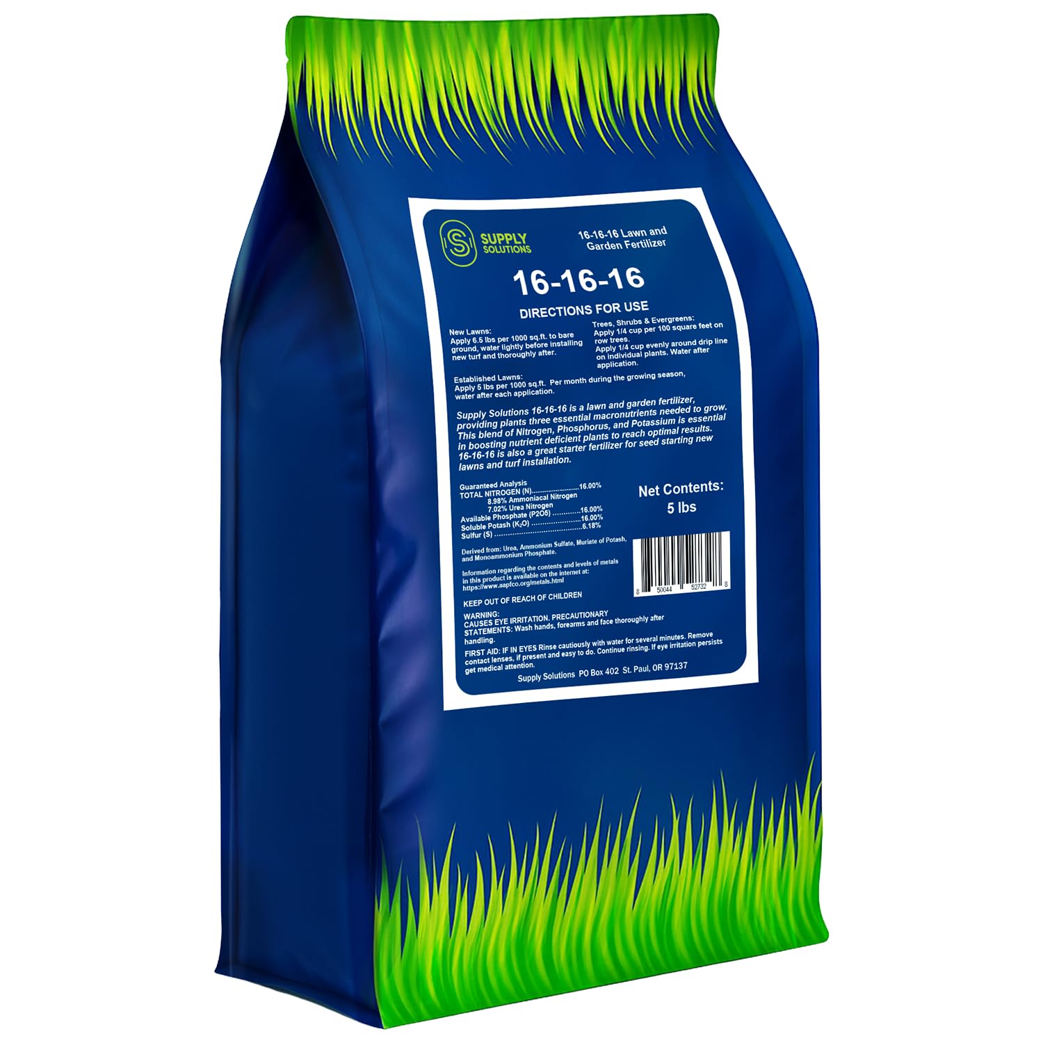 Supply Solutions front packaging showing 5 lb bag and grass design for easy identification