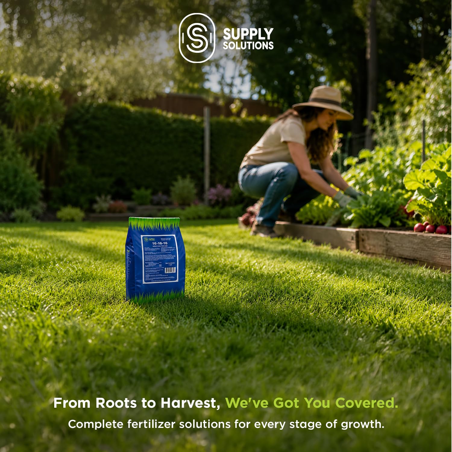Supply Solutions used in lawn and flowerbed lifestyle scene promoting healthy greenery