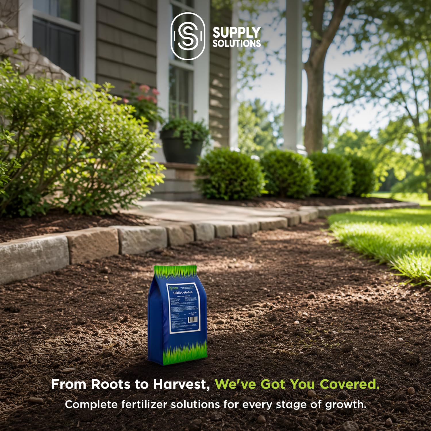 Supply Solutions bag beside vegetable bed in garden showing healthier foliage benefit