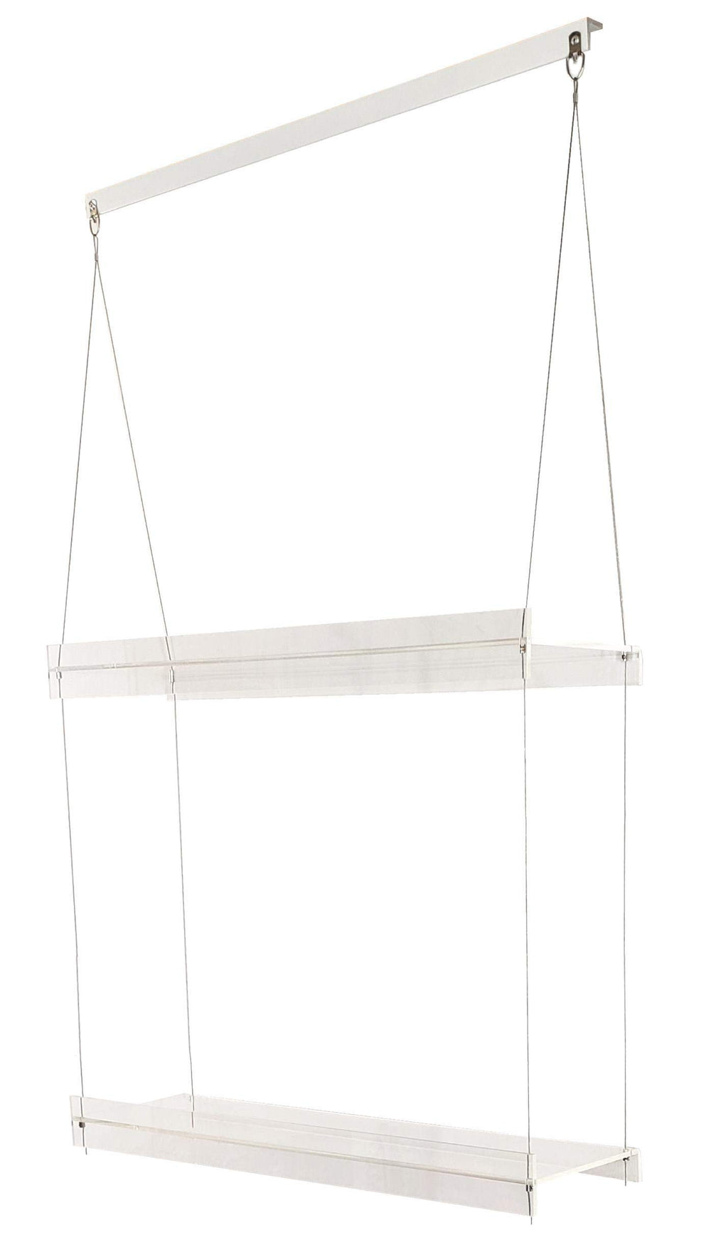 SUPREMETECH front view of hanging acrylic shelves showing clear display and bright light