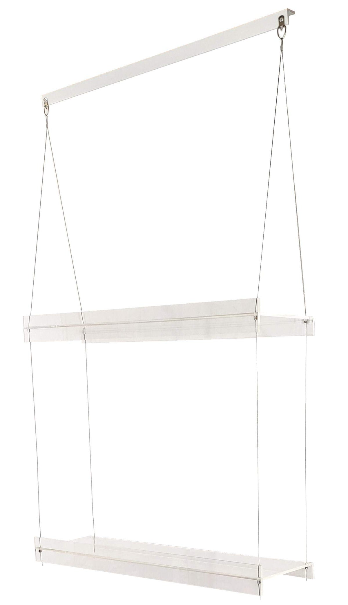 SUPREMETECH front view of hanging acrylic shelves showing clear display and bright light