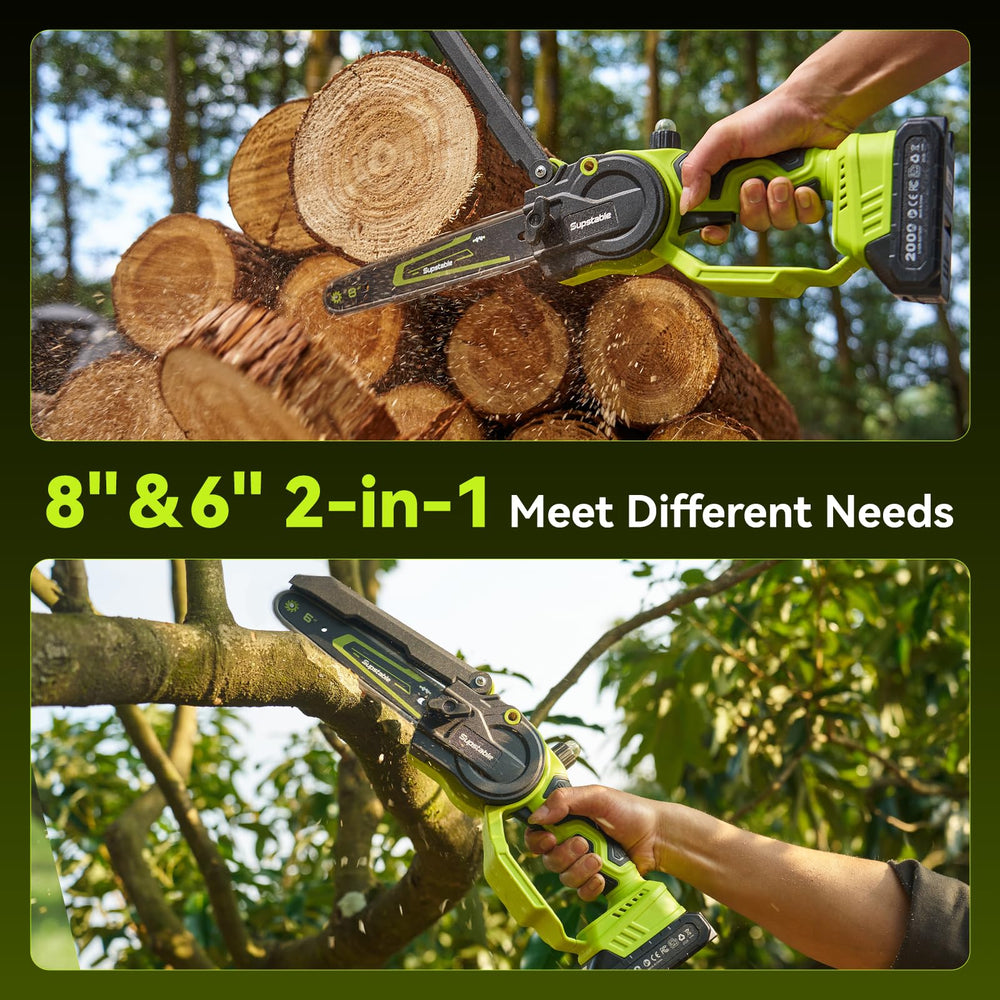 Supstable with 8-inch guide bar mounted for longer cuts and faster firewood work