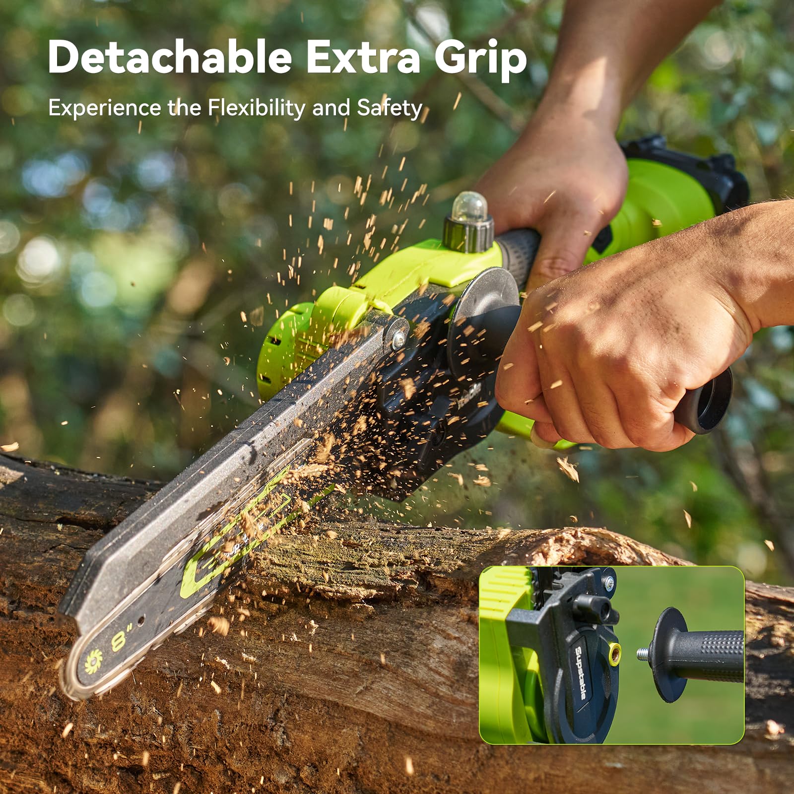 Supstable cordless chainsaw cutting a branch showing cordless freedom and control benefit