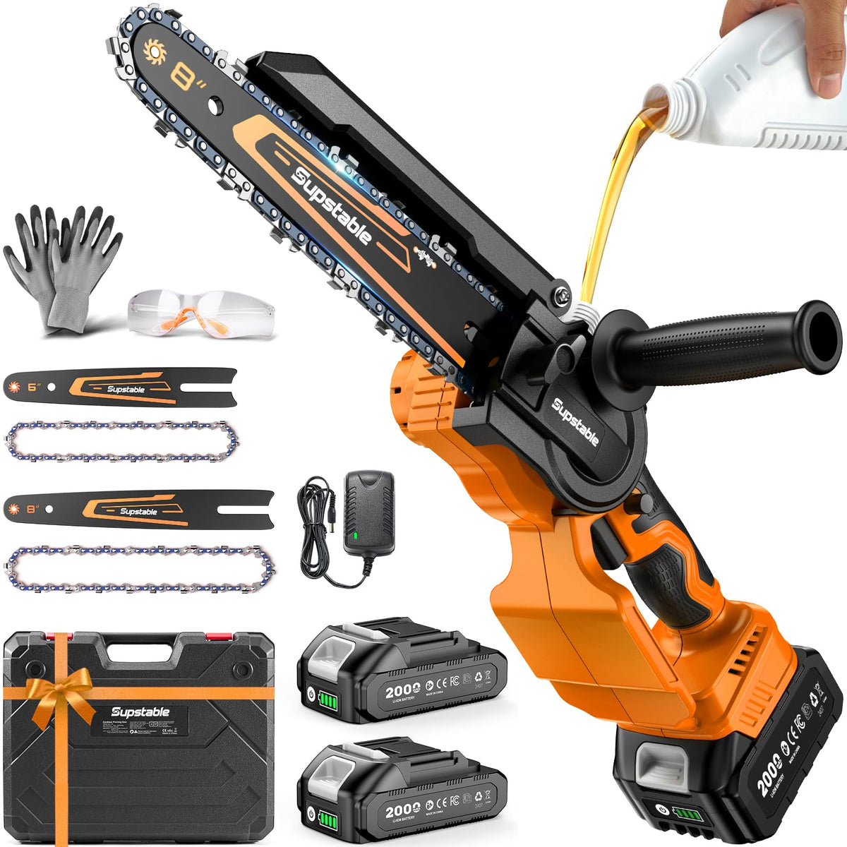 Supstable front packaging showing compact cordless chainsaw and case, easy storage benefit