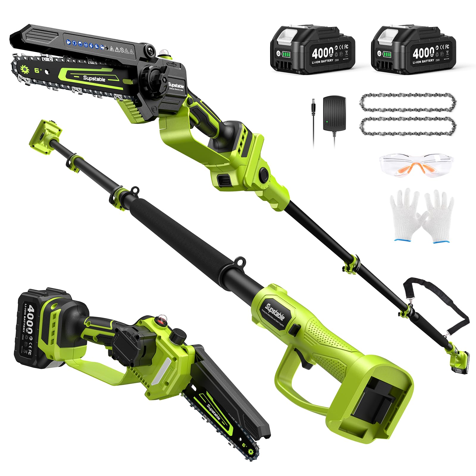 Supstable front packaging showing complete pole saw kit and included accessories for instant use