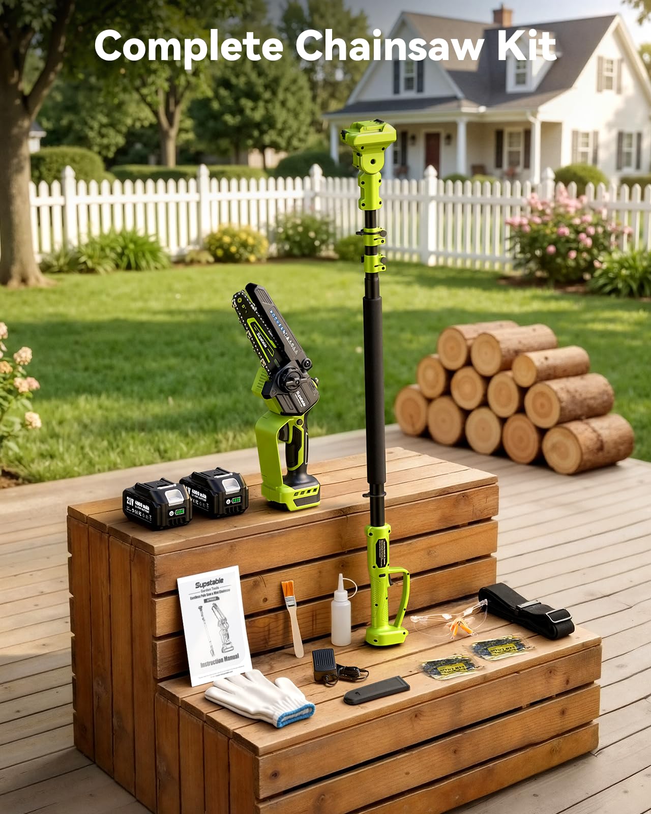 Supstable in-use pruning scene showing user trimming a yard tree for ladder-free safety