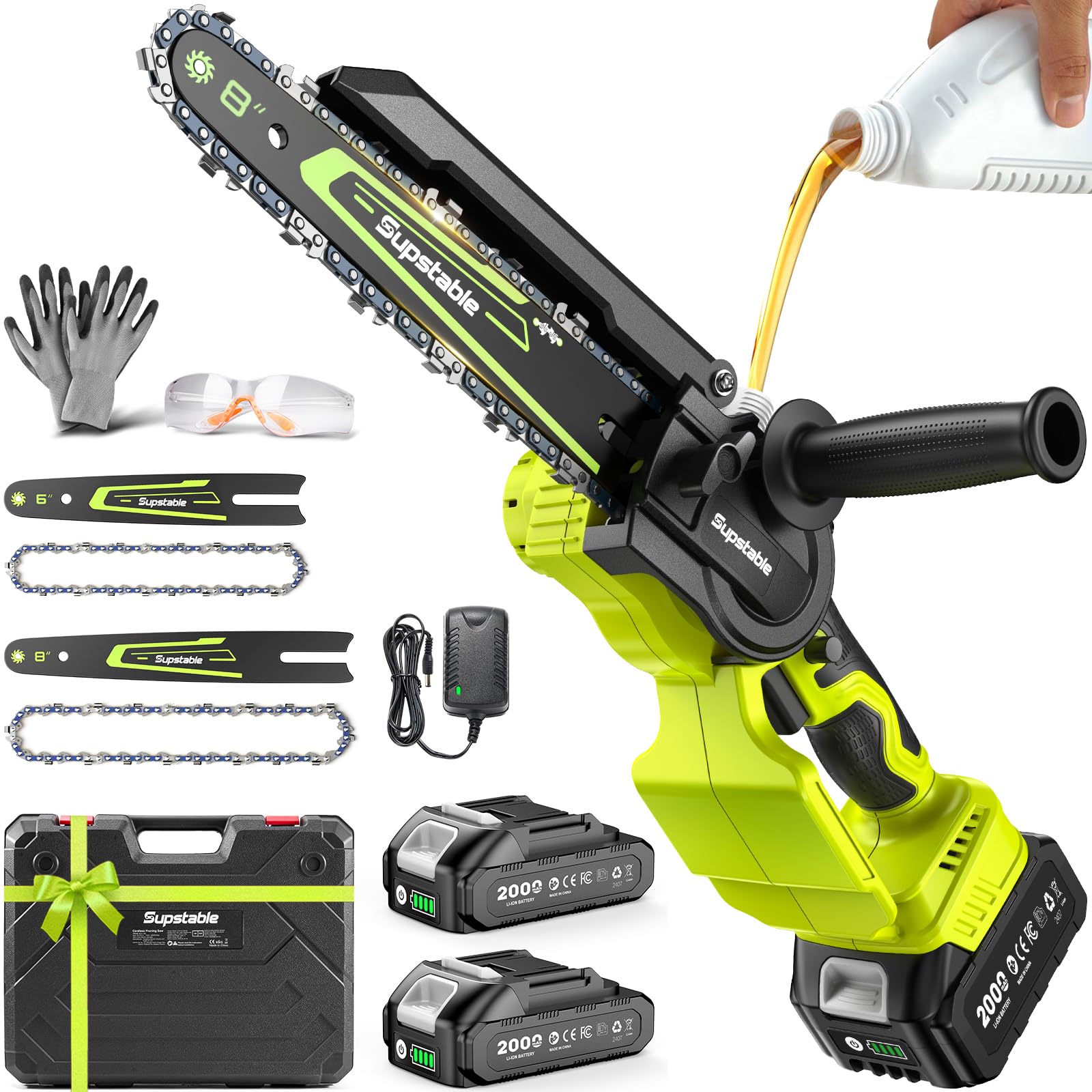 Supstable mini chainsaw front view showing compact design and ready-to-use benefit