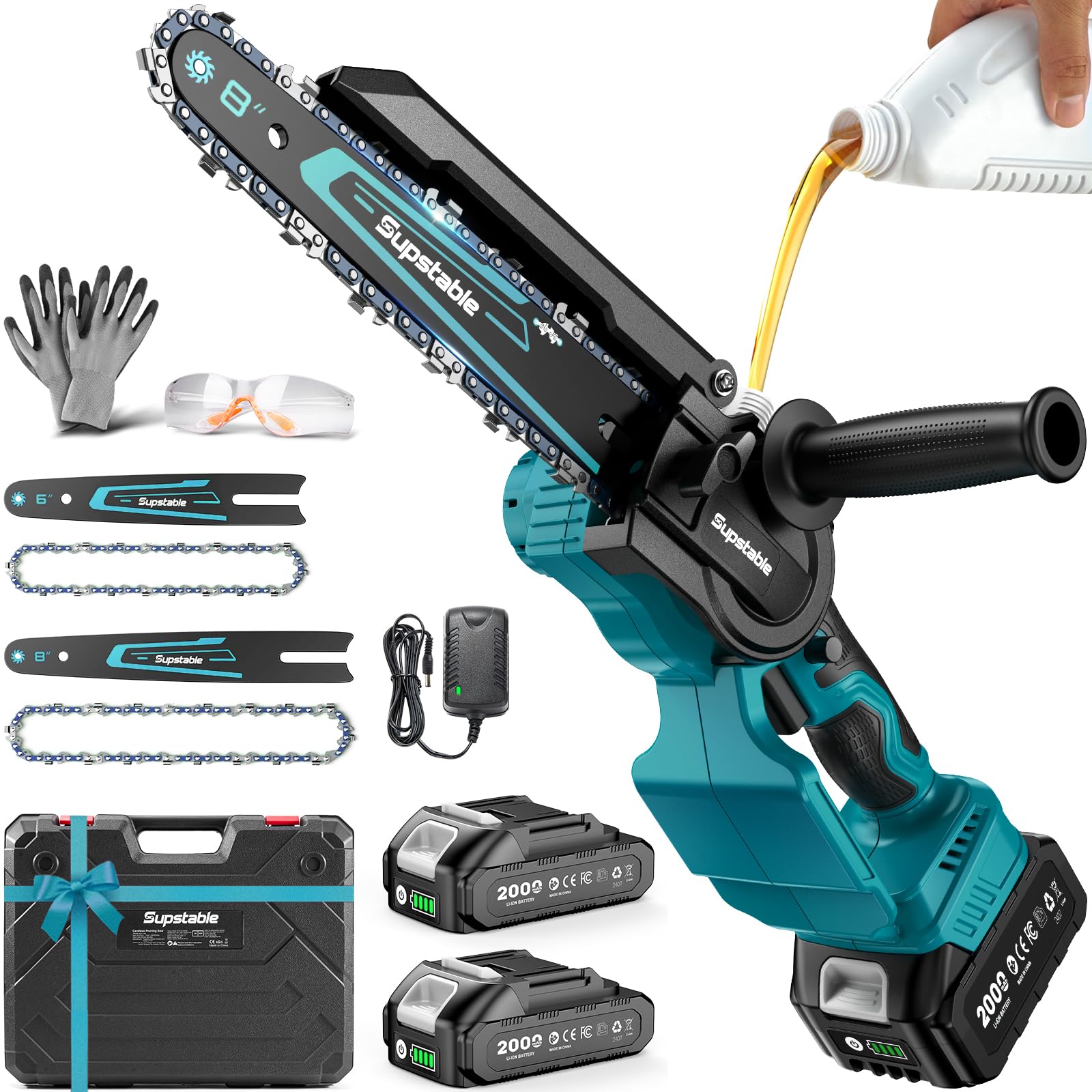 Supstable mini chainsaw front view showing compact design and portability benefit