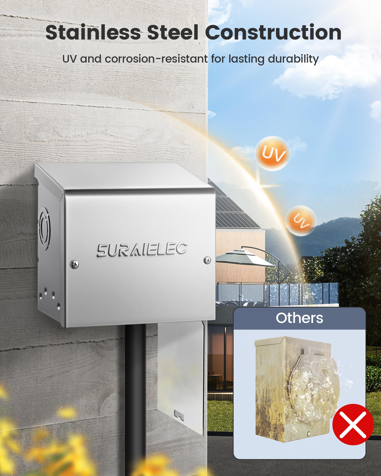SURAIELEC bottom-facing outlet detail preventing debris and simplifying cord routing