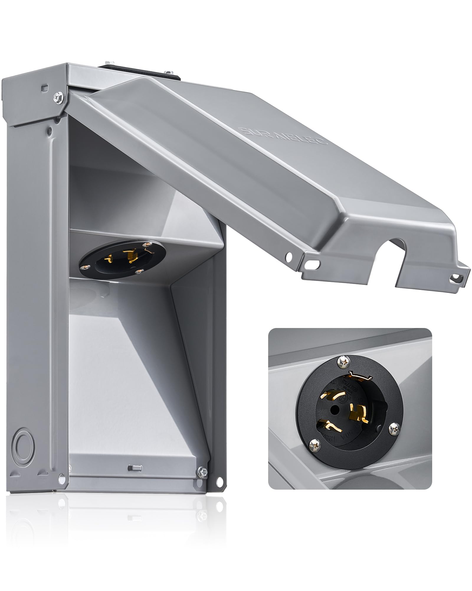 SURAIELEC front view inlet box showing weatherproof cover and secure mount benefit