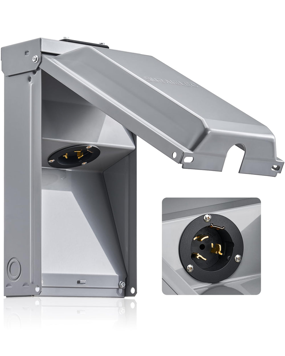 SURAIELEC front view inlet box showing weatherproof cover and secure mount benefit