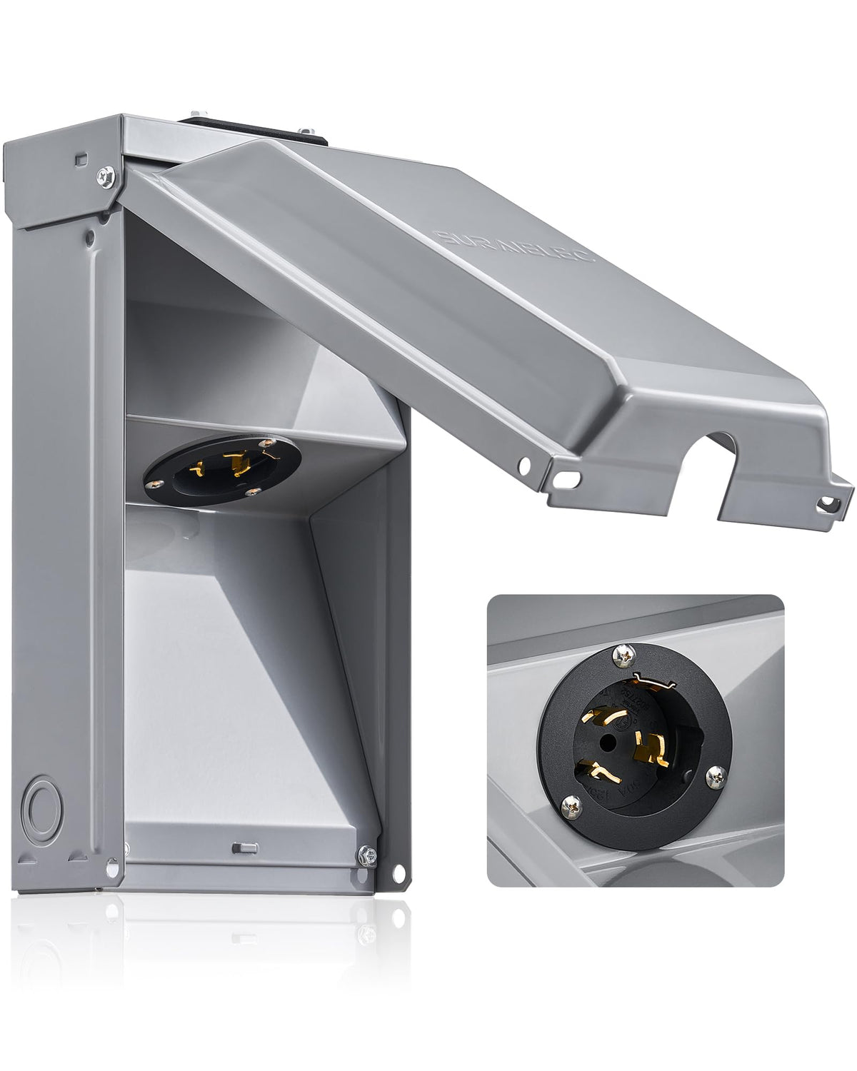 SURAIELEC front view inlet box showing weatherproof cover and secure mount benefit