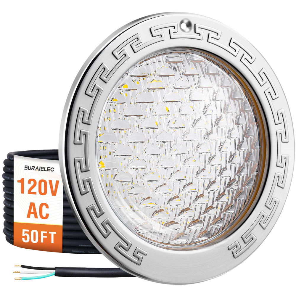 SURAIELEC front view of 10-inch pool light showing clean design and bright beam