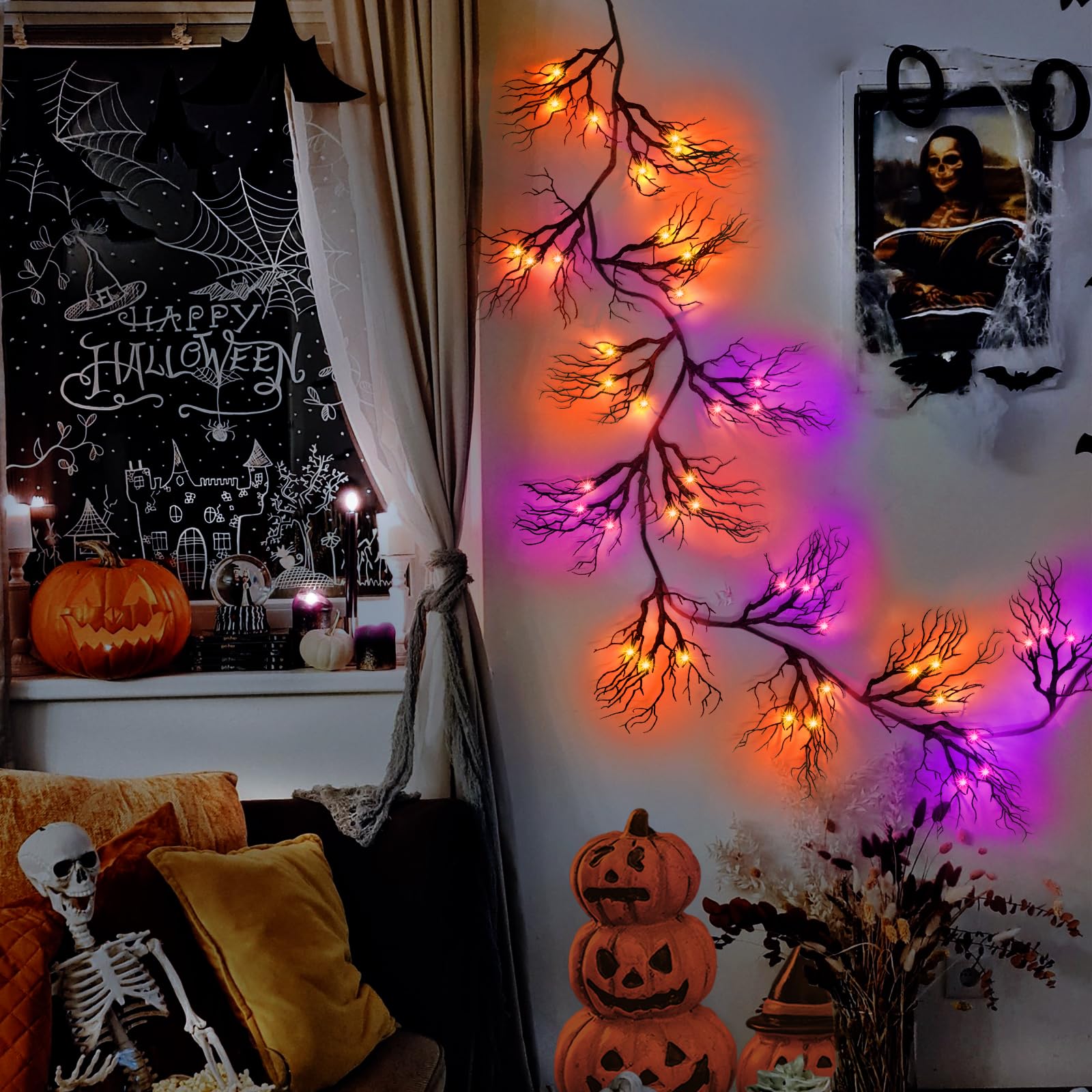 SURCVIO garland draped on mantel adding spooky ambient lighting to room