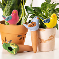 SURE YUESI front view of four hand-painted bird watering globes, decorative hydration