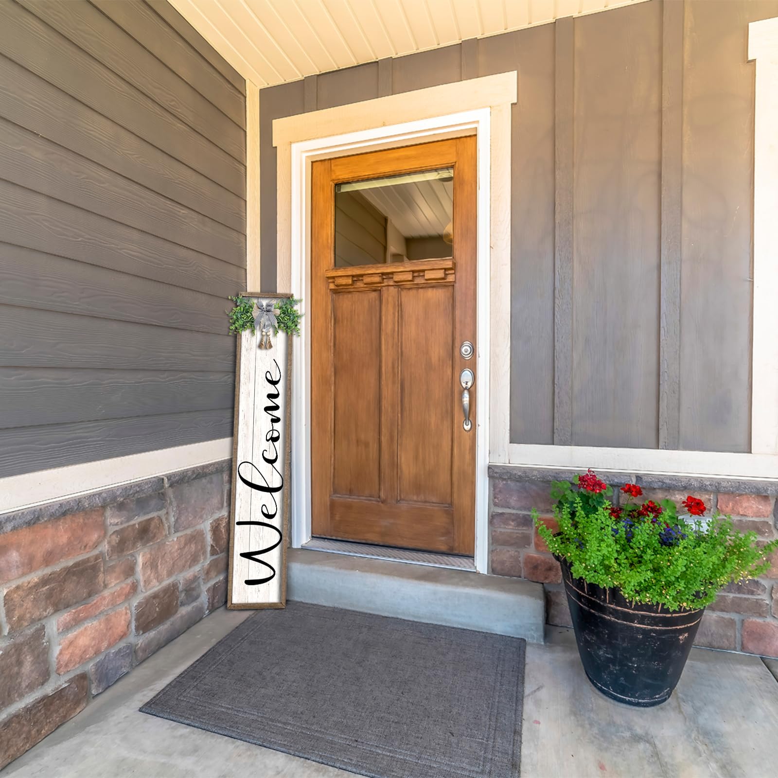 Surfapans sign leaned on front porch with shoes and mat for styling